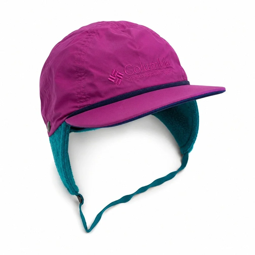 Vtg Columbia L 3 in 1 Trapper Ear Flap Cap Purple Teal Fleece Lined Gorpcore Hat